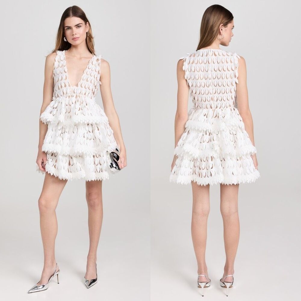 NWT AKNVAS Plunge Sleeveless Harper Cut-Out Tiered Mini Dress White Size 4 $650